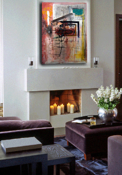 abstract painting deep red and pink on canvas over fireplace by cheryl wasilow