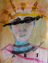 bohemian portrait art of woman with mask and crown and the word art in the painting by cheryl wasilow