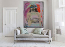abstract woman in large size on living room wall over sofa by cheryl wasilow