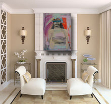 large figurative orignal painting of woman with mask in traditional room setting by cheryl wasilow