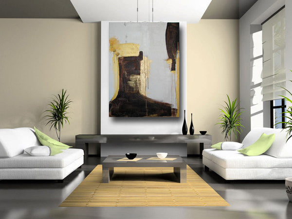 metallic gold, brown and white 36 x 48 original painting on great room wall by cheryl wasilow