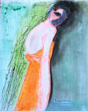blue and orange painting of mysterious woman by cheryl wasilow