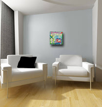 small colorful painting in modern room with two white chairs by cheryl wasilow