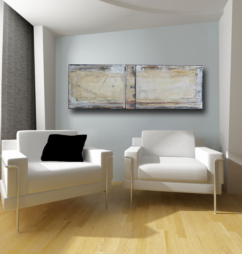 tan, cream and brown abstract artwork on wall with two white chairs and a black pillow cherylwasilowart