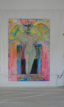 cherylwasilowart 60 x 40 huge painting with pink and yellow angel on wall with table and two sofas with straw rug 