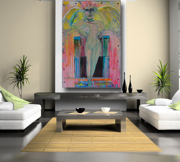 60 x 40 huge painting with pink and yellow angel on wall with table and two sofas with straw rug cherylwasilowart 